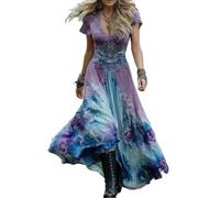 Zeiayuas Boho Dress Ladies Summer Short Sleeve V Neck Plus Size Flowy Maxi Dresses Boho Beach Floral Embroidered Dress Elegant Party Casual Long Dresses A-line Holiday Bohemian Sundress Blue