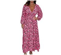 Zeiayuas Boho Maxi Dresses for Women UK Plus Size Milk Maid Dress V Neck Long Sleeve Shirt Dresses Ladies Elegant Party Long Dresses Beach Cover Up Floral A-line Swing Dress Hot Pink