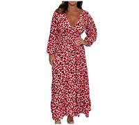 Zeiayuas Boho Maxi Dresses for Women UK Plus Size Milk Maid Dress V Neck Long Sleeve Shirt Dresses Ladies Elegant Party Long Dresses Beach Cover Up Floral A-line Swing Dress Watermelon Red