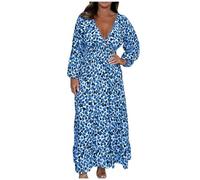 Zeiayuas Boho Maxi Dresses for Women UK Plus Size Milk Maid Dress V Neck Long Sleeve Shirt Dresses Ladies Elegant Party Long Dresses Beach Cover Up Floral A-line Swing Dress Blue