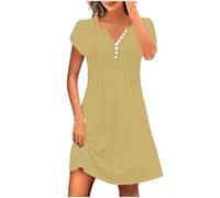 Zeiayuas Casual Dresses for Women UK Summer Short Sleeve Button V Neck Henley T Shirt Dress Boho Beach Midi Party Dresses Loose Solid Color Knee Length Dress Oversized Tunic Shift Sundress Yellow