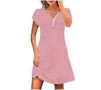 Zeiayuas Casual Dresses for Women UK Summer Short Sleeve Button V Neck Henley T Shirt Dress Boho Beach Midi Party Dresses Loose Solid Color Knee Length Dress Oversized Tunic Shift Sundress Pink