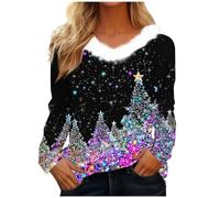 Zeiayuas Christmas Sweatshirt Ladies UK Funny Xmas Tree Graphic Jumper Fluffy V Neck Christmas Tree Snowman Printed Sweatshirts Long Sleeve Pullover Xmas Santa Claus Holiday Blouse Tops for Women
