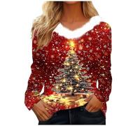 Zeiayuas Christmas Sweatshirt Ladies UK Funny Xmas Tree Graphic Jumper Fluffy V Neck Christmas Tree Snowman Printed Sweatshirts Long Sleeve Pullover Xmas Santa Claus Holiday Blouse Tops for Women
