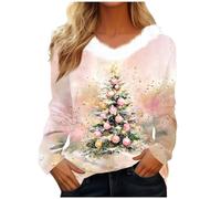 Zeiayuas Christmas Sweatshirt Ladies UK Funny Xmas Tree Graphic Jumper Fluffy V Neck Christmas Tree Snowman Printed Sweatshirts Long Sleeve Pullover Xmas Santa Claus Holiday Blouse Tops for Women