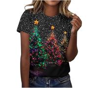 Zeiayuas Christmas T-Shirts Women Christmas Tree Graphic Xmas Print T Shirt Holiday Short Sleeve Tops Ladies Lightweight Fall Winter Going Out T Shirts Cute Funny Novelty Merry Xmas Pullover