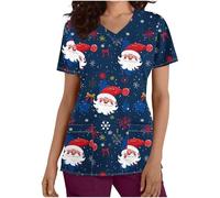 Zeiayuas Christmas Top for Women UK Uniform Beauty Healthcare Spa Salon Scrub Tops Short Sleeve V Neck Xmas T Shirt Reindeer Print Shirts Work Pullover Tunic Blouses Pockets Ladies