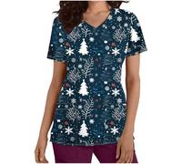 Zeiayuas Christmas Top for Women UK Uniform Beauty Healthcare Spa Salon Scrub Tops Short Sleeve V Neck Xmas T Shirt Reindeer Print Shirts Work Pullover Tunic Blouses Pockets Ladies