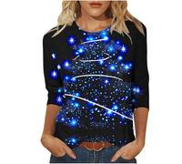Zeiayuas Christmas Tops Women 3/4 Sleeve Xmas Tree Graphic Shirts Sequin Santa Reindeer Print Jumper Novelty Funny Xmas Holiday Casual Sweatshirt Blouse Round Neck Loose Tunic Top