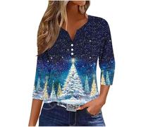 Zeiayuas Christmas Tree Jumper Women UK Xmas Graphic Sequin Snowflake Pullover Xmas Tree Print Shirt Novelty Funny Christmas Holiday Tops 3/4 Sleeve Casual Shirts Blouse V Neck Loose Tunic Top
