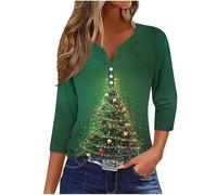 Zeiayuas Christmas Tree Jumper Women UK Xmas Graphic Sequin Snowflake Pullover Xmas Tree Print Shirt Novelty Funny Christmas Holiday Tops 3/4 Sleeve Casual Shirts Blouse V Neck Loose Tunic Top