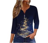 Zeiayuas Christmas Tree Jumper Women UK Xmas Graphic Sequin Snowflake Pullover Xmas Tree Print Shirt Novelty Funny Christmas Holiday Tops 3/4 Sleeve Casual Shirts Blouse V Neck Loose Tunic Top
