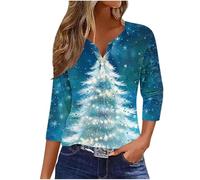 Zeiayuas Christmas Tree Jumper Women UK Xmas Graphic Sequin Snowflake Pullover Xmas Tree Print Shirt Novelty Funny Christmas Holiday Tops 3/4 Sleeve Casual Shirts Blouse V Neck Loose Tunic Top