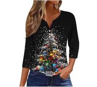 Zeiayuas Christmas Tree Jumper Women UK Xmas Graphic Sequin Snowflake Pullover Xmas Tree Print Shirt Novelty Funny Christmas Holiday Tops 3/4 Sleeve Casual Shirts Blouse V Neck Loose Tunic Top