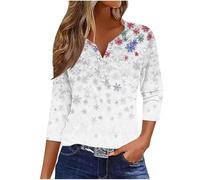 Zeiayuas Christmas Tree Jumper Women UK Xmas Graphic Sequin Snowflake Pullover Xmas Tree Print Shirt Novelty Funny Christmas Holiday Tops 3/4 Sleeve Casual Shirts Blouse V Neck Loose Tunic Top