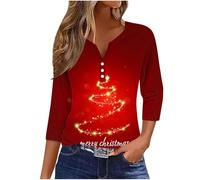 Zeiayuas Christmas Tree Jumper Women UK Xmas Graphic Sequin Snowflake Pullover Xmas Tree Print Shirt Novelty Funny Christmas Holiday Tops 3/4 Sleeve Casual Shirts Blouse V Neck Loose Tunic Top