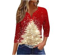 Zeiayuas Christmas Tree Jumper Women UK Xmas Graphic Sequin Snowflake Pullover Xmas Tree Print Shirt Novelty Funny Christmas Holiday Tops 3/4 Sleeve Casual Shirts Blouse V Neck Loose Tunic Top