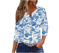 Zeiayuas Christmas Tree Jumper Women UK Xmas Graphic Sequin Snowflake Pullover Xmas Tree Print Shirt Novelty Funny Christmas Holiday Tops 3/4 Sleeve Casual Shirts Blouse V Neck Loose Tunic Top