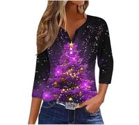 Zeiayuas Christmas Tree Jumper Women UK Xmas Graphic Sequin Snowflake Pullover Xmas Tree Print Shirt Novelty Funny Christmas Holiday Tops 3/4 Sleeve Casual Shirts Blouse V Neck Loose Tunic Top