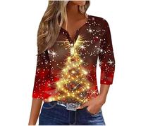Zeiayuas Christmas Tree Jumper Women UK Xmas Graphic Sequin Snowflake Pullover Xmas Tree Print Shirt Novelty Funny Christmas Holiday Tops 3/4 Sleeve Casual Shirts Blouse V Neck Loose Tunic Top