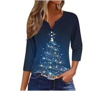 Zeiayuas Christmas Tree Jumper Women UK Xmas Graphic Sequin Snowflake Pullover Xmas Tree Print Shirt Novelty Funny Christmas Holiday Tops 3/4 Sleeve Casual Shirts Blouse V Neck Loose Tunic Top