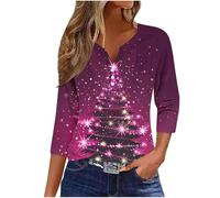 Zeiayuas Christmas Tree Jumper Women UK Xmas Graphic Sequin Snowflake Pullover Xmas Tree Print Shirt Novelty Funny Christmas Holiday Tops 3/4 Sleeve Casual Shirts Blouse V Neck Loose Tunic Top