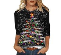 Zeiayuas Christmas Tree Jumper Women UK, Xmas Tree Graphic Pullover Santa Reindeer Print Sweatshirt Novelty Funny Christmas Holiday Tops 3/4 Sleeve Casual Shirts Blouse Round Neck Loose Tunic Top