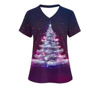 Zeiayuas Christmas Tree Top for Women UK,Christmas Uniform Beauty Healthcare Spa Salon Scrub Tops Short Sleeve V Neck Xmas T Shirt Work Pullover Tunic Blouses Pockets Ladies Xmas Tree Tops