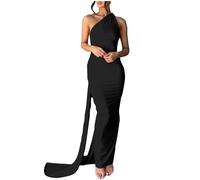 Zeiayuas Cocktail Dress for Women UK Bridesmaid Long Dress One Shoulder Bandage Prom Ball Gowns Sleeveless Plain Party Club Dresses Ladies Evening Dress Sexy Bodycon Black