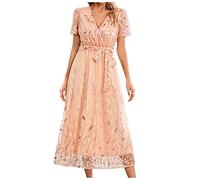 Zeiayuas Cocktail Party Work Dress for Women UK Elegant V Neck Short Sleeve Midi Dress Evening Party Formal Tunic Dresses Ladies Embroidered Floral Lace Mesh Dresses Pink