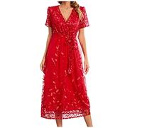 Zeiayuas Cocktail Party Work Dress for Women UK Elegant V Neck Short Sleeve Midi Dress Evening Party Formal Tunic Dresses Ladies Embroidered Floral Lace Mesh Dresses