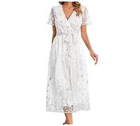 Zeiayuas Cocktail Party Work Dress for Women UK Elegant V Neck Short Sleeve Midi Dress Evening Party Formal Tunic Dresses Ladies Embroidered Floral Lace Mesh Dresses White
