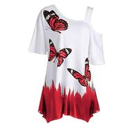 Zeiayuas Cold Shoulder Tops for Women UK Plus Size 22,Butterfly T Shirts Ladies Off The Shoulder Tops Shirt Elegant Short Sleeve Blouse Casual Loose Summer Hawaiian Graphic Tee Blouses Tunic Top Red