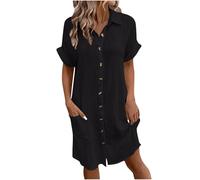 Zeiayuas Cotton Linen Dresses for Women Short Sleeve Button Down Shirts Summer Midi Dress Ladies Beach Loose Solid Color Casual Dresses with Pockets UK Clearance Black