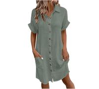 Zeiayuas Cotton Linen Dresses for Women Short Sleeve Button Down Shirts Summer Midi Dress Ladies Beach Loose Solid Color Casual Dresses with Pockets UK Clearance Green