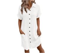 Zeiayuas Cotton Linen Dresses for Women Short Sleeve Button Down Shirts Summer Midi Dress Ladies Beach Loose Solid Color Casual Dresses with Pockets UK Clearance White