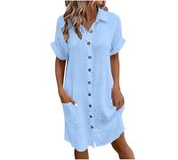 Zeiayuas Cotton Linen Dresses for Women Short Sleeve Button Down Shirts Summer Midi Dress Ladies Beach Loose Solid Color Casual Dresses with Pockets UK Sale Clearance Blue