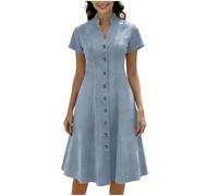 Zeiayuas Denim Dresses for Women Summer Casual V Neck Midi Dress Bitton Down Y2k Streewear Short Sleeve A-Line Pleated Dress Beach Sundress Sexy Ladies Trendy Tunic Dresses Light Blue