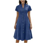 Zeiayuas Denim Dresses for Women Summer Casual V Neck Midi Dress Bitton Down Y2k Streewear Short Sleeve A-Line Pleated Dress Beach Sundress Sexy Ladies Trendy Tunic Dresses Sky Blue
