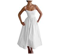 Zeiayuas Elegant Dresses for Women UK Formal Cocktail Party Dress Ladies Solid Color Evening Maxi Dresses Spaghetti Strap Summer Long Dresses Milkmaid Dress UK Sale Clearance White