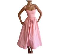 Zeiayuas Elegant Dresses for Women UK Formal Cocktail Party Dress Ladies Solid Color Evening Maxi Dresses Spaghetti Strap Summer Long Dresses Milkmaid Dress UK Sale Clearance Pink