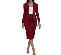 Zeiayuas Elegant Dresses for Women UK Long Sleeve Blazer Suit Jacket and Work Office Formal Bodycon Dress Ladies Pencil Dress Work Office Formal Dress Plain Wrapped Pencil Dress Wine