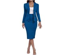Zeiayuas Elegant Dresses for Women UK Long Sleeve Blazer Suit Jacket and Work Office Formal Bodycon Dress Ladies Pencil Dress Work Office Formal Dress Plain Wrapped Pencil Dress Blue