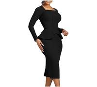 Zeiayuas Elegant Dresses for Women UK Square Neck Ruffle Midi Dress Long Sleeve Work Office Formal Bodycon Dress Ladies Plain Wrapped Pencil Dress Black