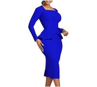 Zeiayuas Elegant Square Neck Ruffle Midi Dress for Women UK - Long Sleeve Work Office Formal Bodycon Ladies Plain Wrapped Pencil Blue