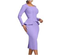 Zeiayuas Elegant Square Neck Ruffle Midi Dress for Women UK - Long Sleeve Work Office Formal Bodycon Ladies Plain Wrapped Pencil Purple