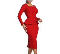Zeiayuas Elegant Women's Square Neck Ruffle Midi Dress - Long Sleeve, Work Office Formal Bodycon, Plain Wrapped Pencil Dress - Red
