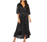 Zeiayuas Evening Dress Women UK Sequin Maxi Dresses Sparkly Mermaid Prom Evening Dress Sexy V Neck Elegant Maxi Long Dresses Wedding Prom Ball Gowns Sparkly Glitter Party Club Cocktail Dress Black