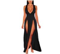Zeiayuas Evening Dresses Women's Wedding Bridesmaid Maxi Dress High Split Sexy Party Dress Sleeveless V Neck Cocktail Clubwear Floor Length Bandage Prom Ball Gowns Black