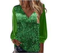 Zeiayuas Evening Tops for Women UK Sparkling V Neck Sequin T Shirts Ladies Sparkle Oversized Long Sleeve Top Shimmer Glitter T-Shirt Loose Fit Tunics Blouse Tunic Top Green